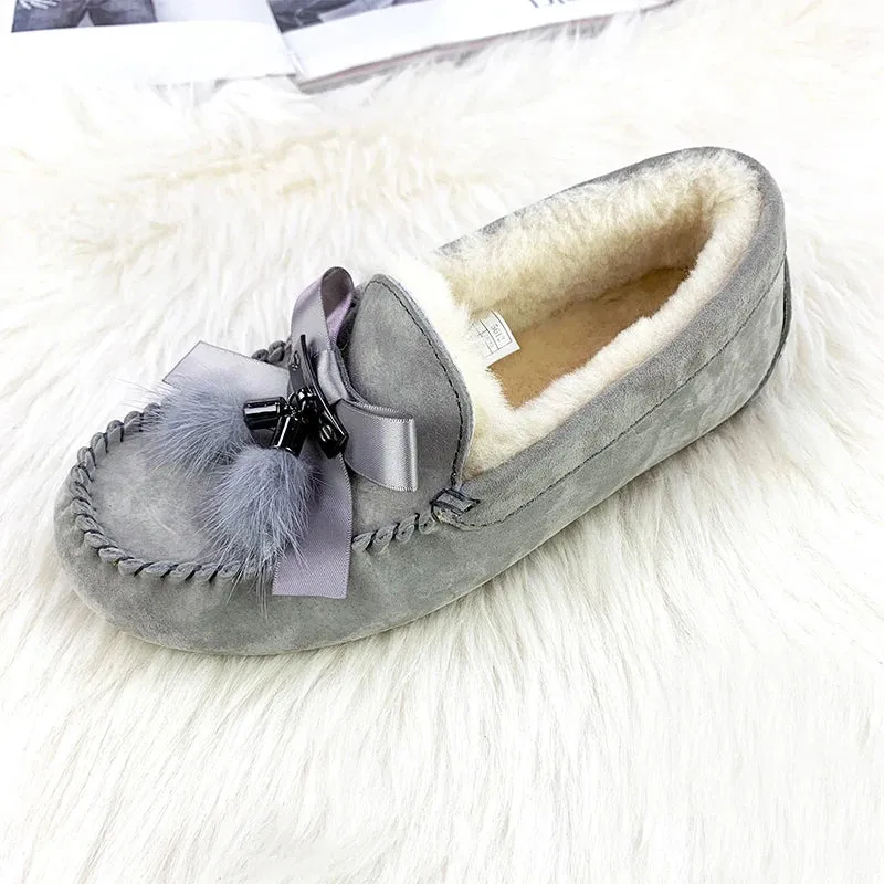 100% Genuine Leather Women Flats Casual Moccasins Driving Shoes Natural Fur Wool Women Loafers Fashion Comfortable Shoes Woman