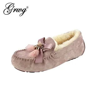 100% Genuine Leather Women Flats Casual Moccasins Driving Shoes Natural Fur Wool Women Loafers Fashion Comfortable Shoes Woman