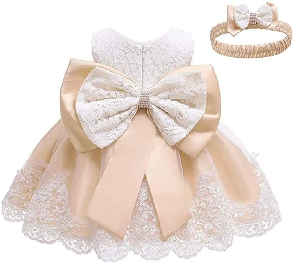 2-6T Flower Girl Dress Pageant Wedding Birthday Party Lace Dresses with Headwear