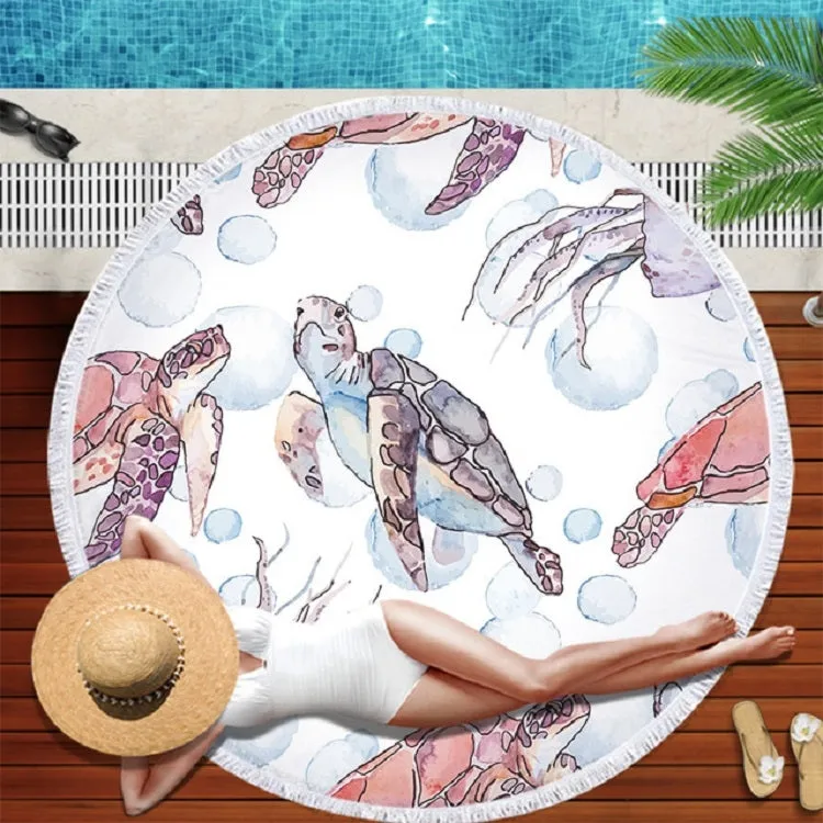 Animal Pattern Round Superfine Fiber Beach Towel with Tassel, Size:150 x 150cm(White Turtle)