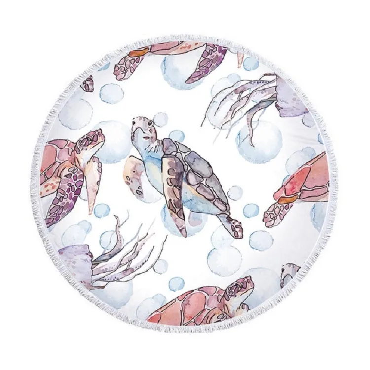 Animal Pattern Round Superfine Fiber Beach Towel with Tassel, Size:150 x 150cm(White Turtle)