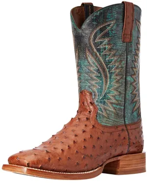 Ariat Men's Full Quill Ostrich Square Toe Boots, Brandy/Roaring Turquoise