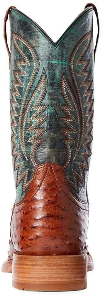 Ariat Men's Full Quill Ostrich Square Toe Boots, Brandy/Roaring Turquoise