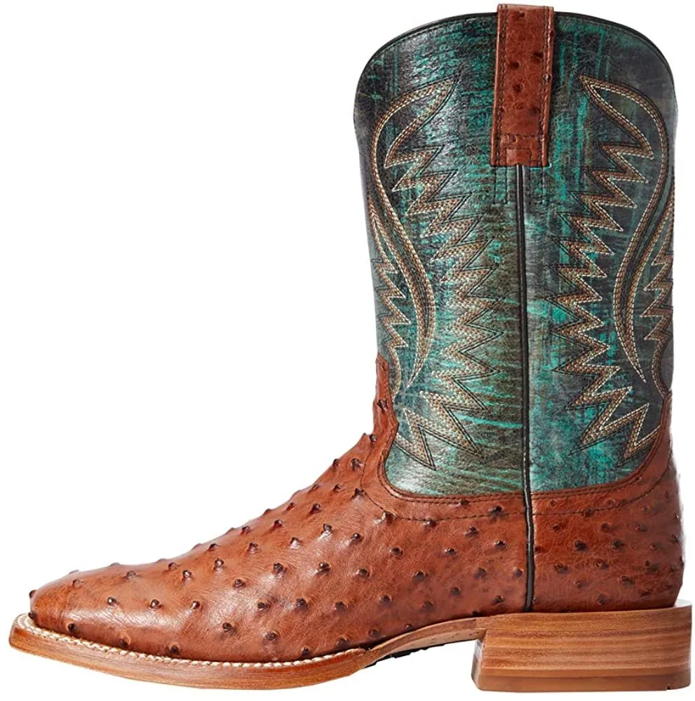 Ariat Men's Full Quill Ostrich Square Toe Boots, Brandy/Roaring Turquoise