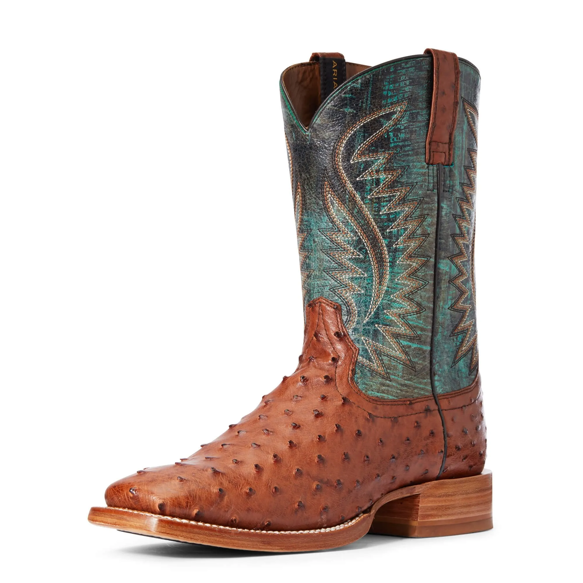 Ariat Men's Full Quill Ostrich Square Toe Boots, Brandy/Roaring Turquoise