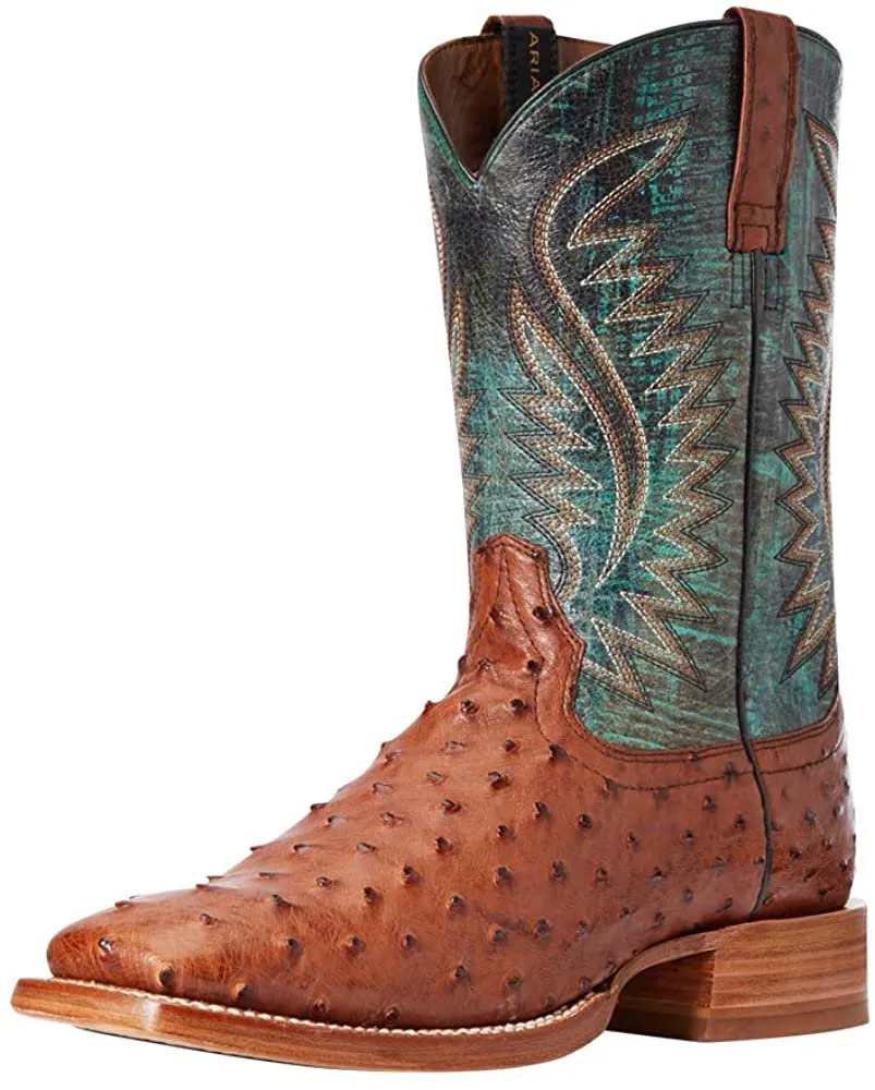 Ariat Men's Full Quill Ostrich Square Toe Boots, Brandy/Roaring Turquoise