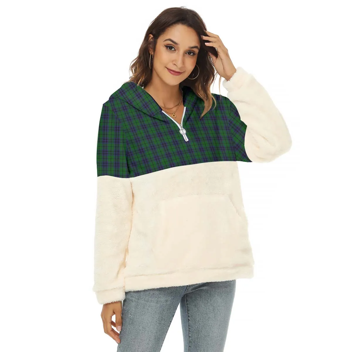 Austin Tartan Women's Borg Fleece Hoodie With Half Zip