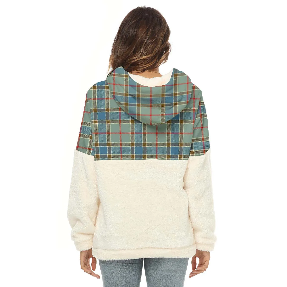 Balfour Blue Tartan Women's Borg Fleece Hoodie With Half Zip with Family Crest