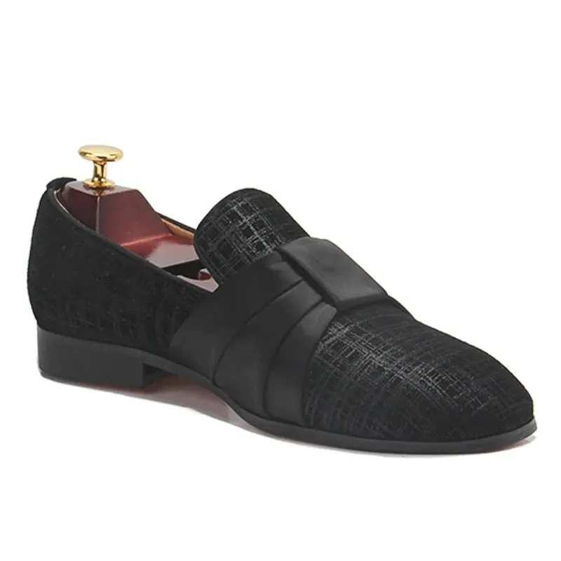 Black Geometric Bow Leather Loafers