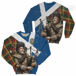 Buchanan Tartan Sweatshirt with Family Crest Scottish Bagpiper Vibes