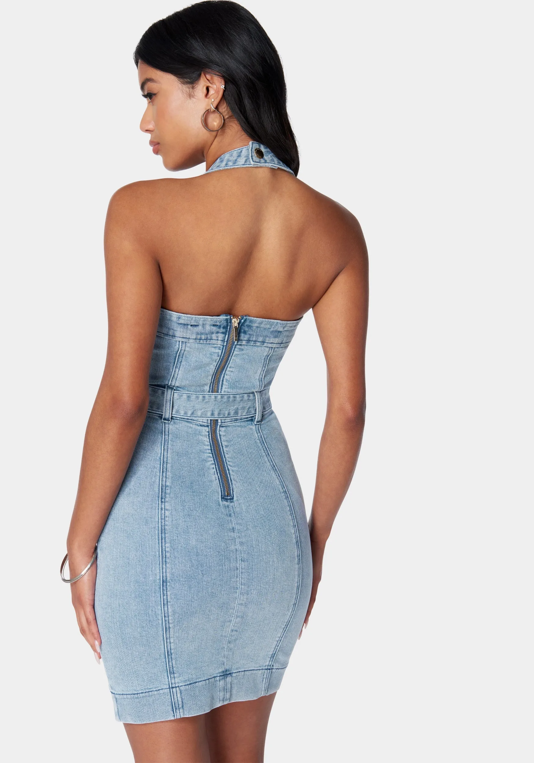 Button Down Fitted Halter Denim Dress