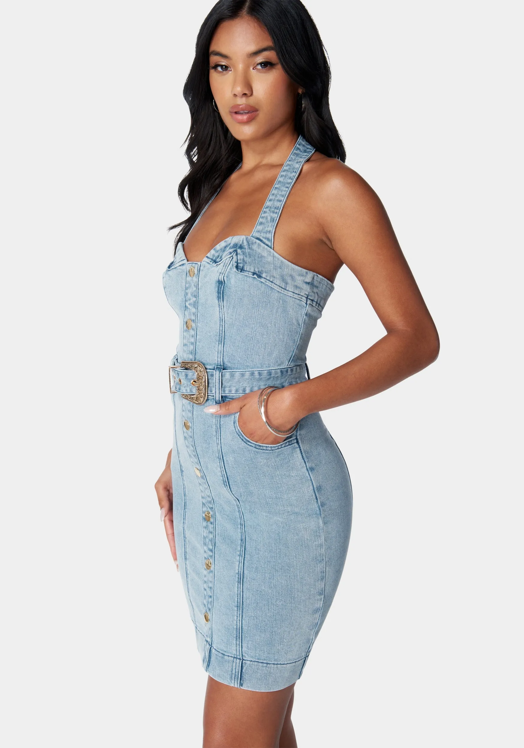 Button Down Fitted Halter Denim Dress