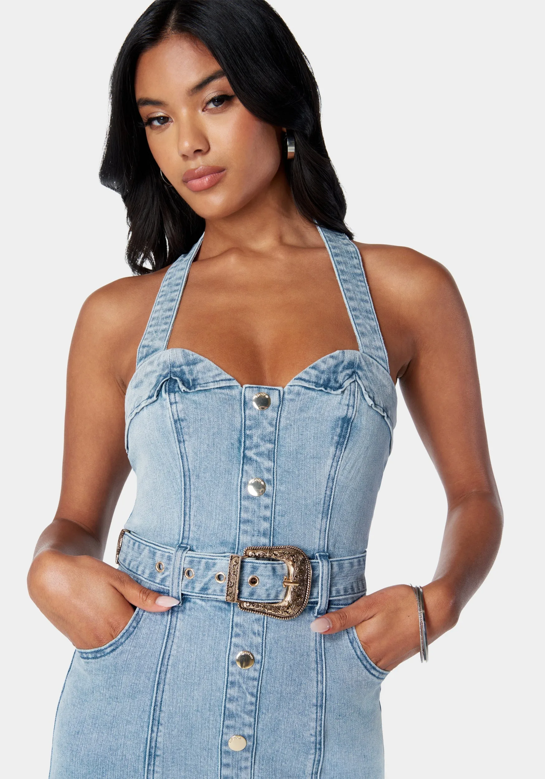 Button Down Fitted Halter Denim Dress