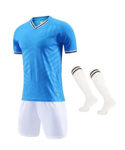 C2M Boys Soccer Jerseys Set Sport Team Uniform Shirt Shorts and Socks for Training 5-6 Years Blue White