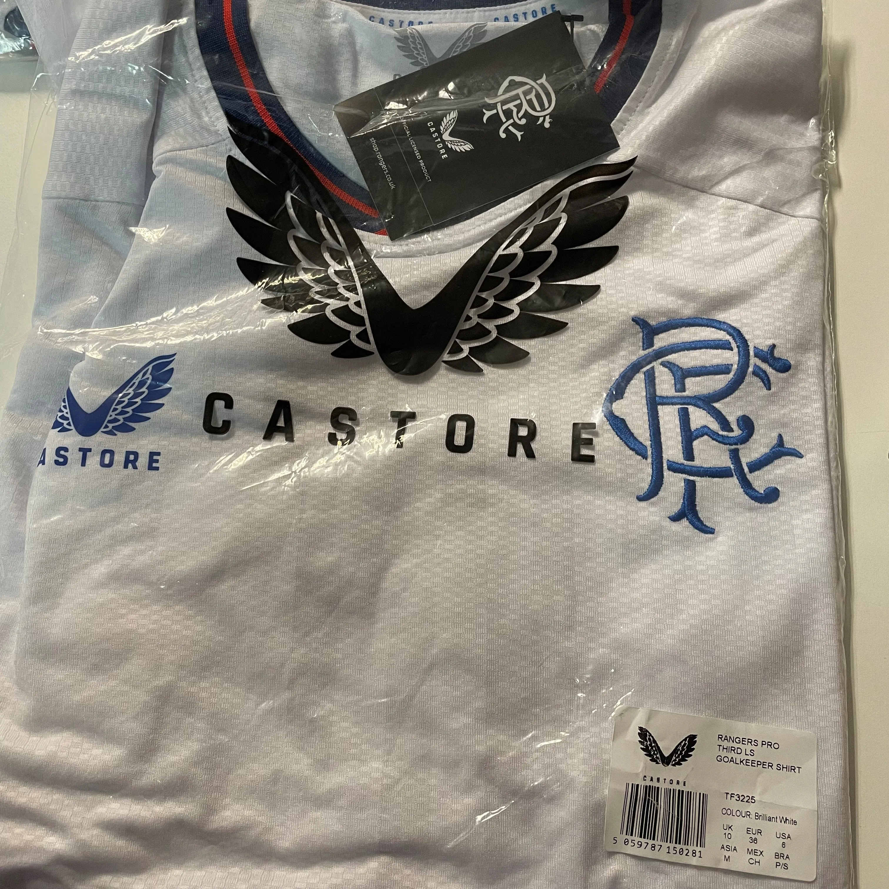 Castore Rangers FC PRO third goalkeeper shirt women size UK 10 white long sleeve