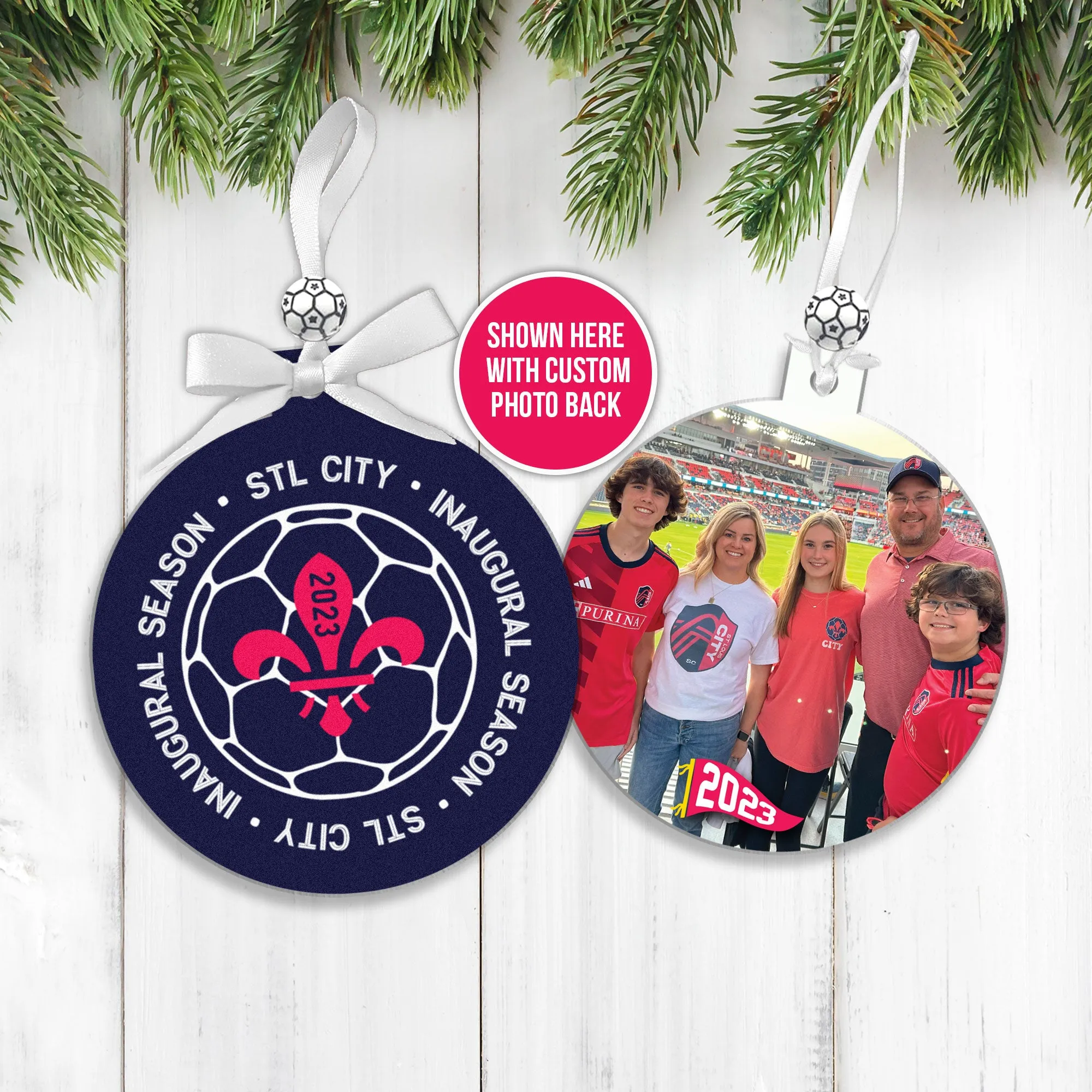 commemorative stl city soccer ornament can be personalized with photo and text