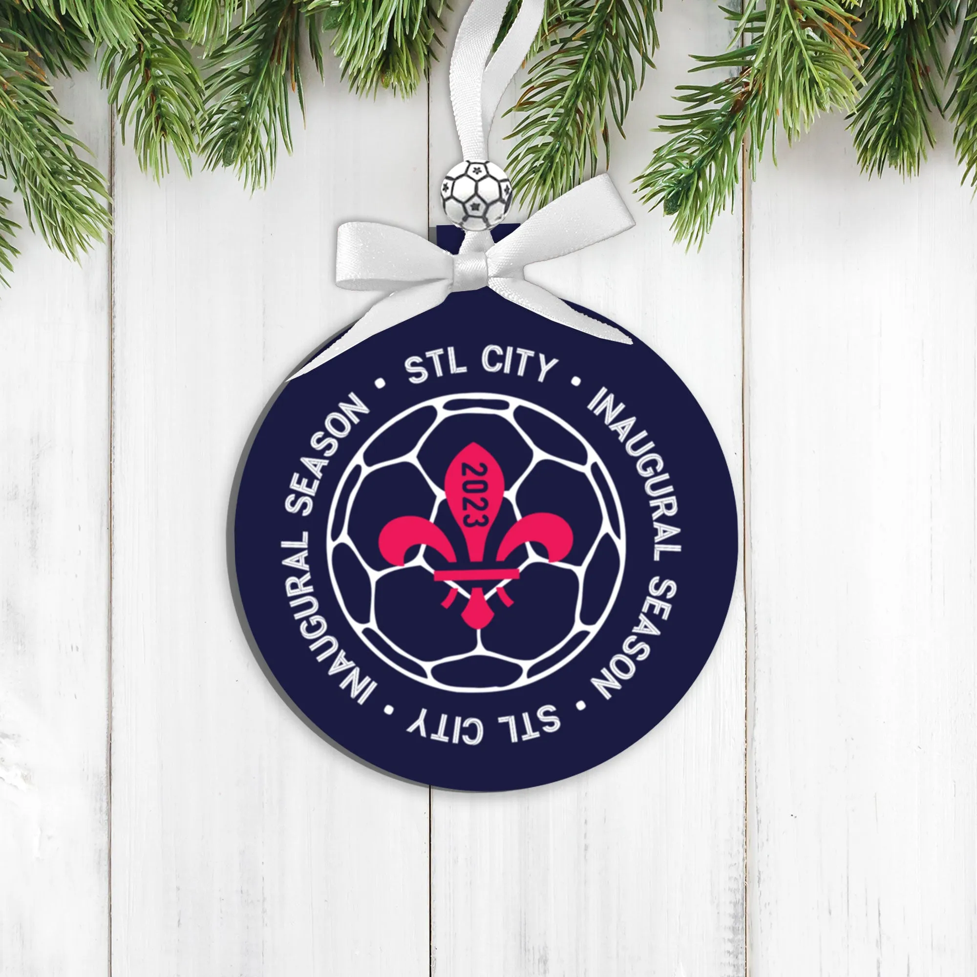 commemorative stl city soccer ornament can be personalized with photo and text