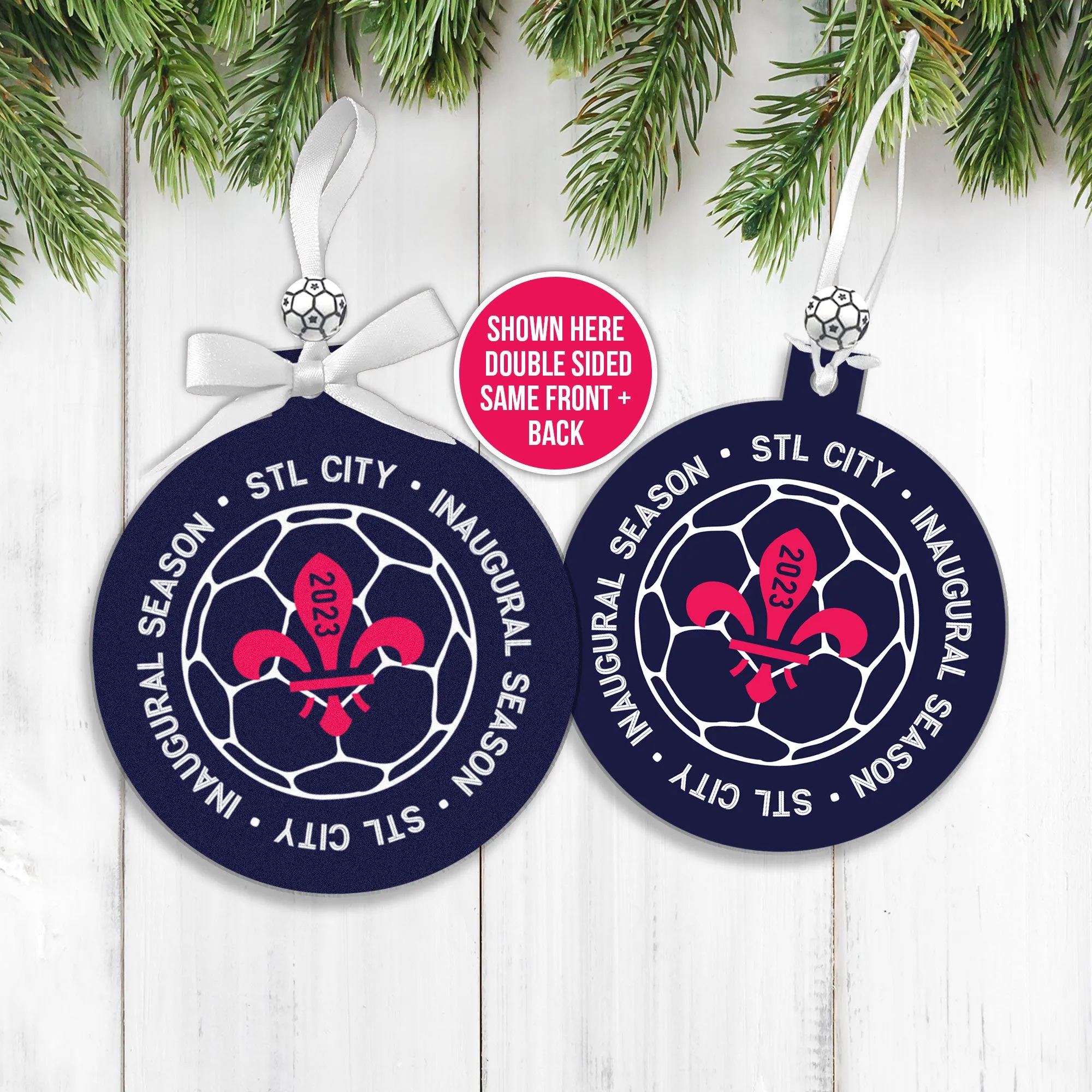 commemorative stl city soccer ornament can be personalized with photo and text