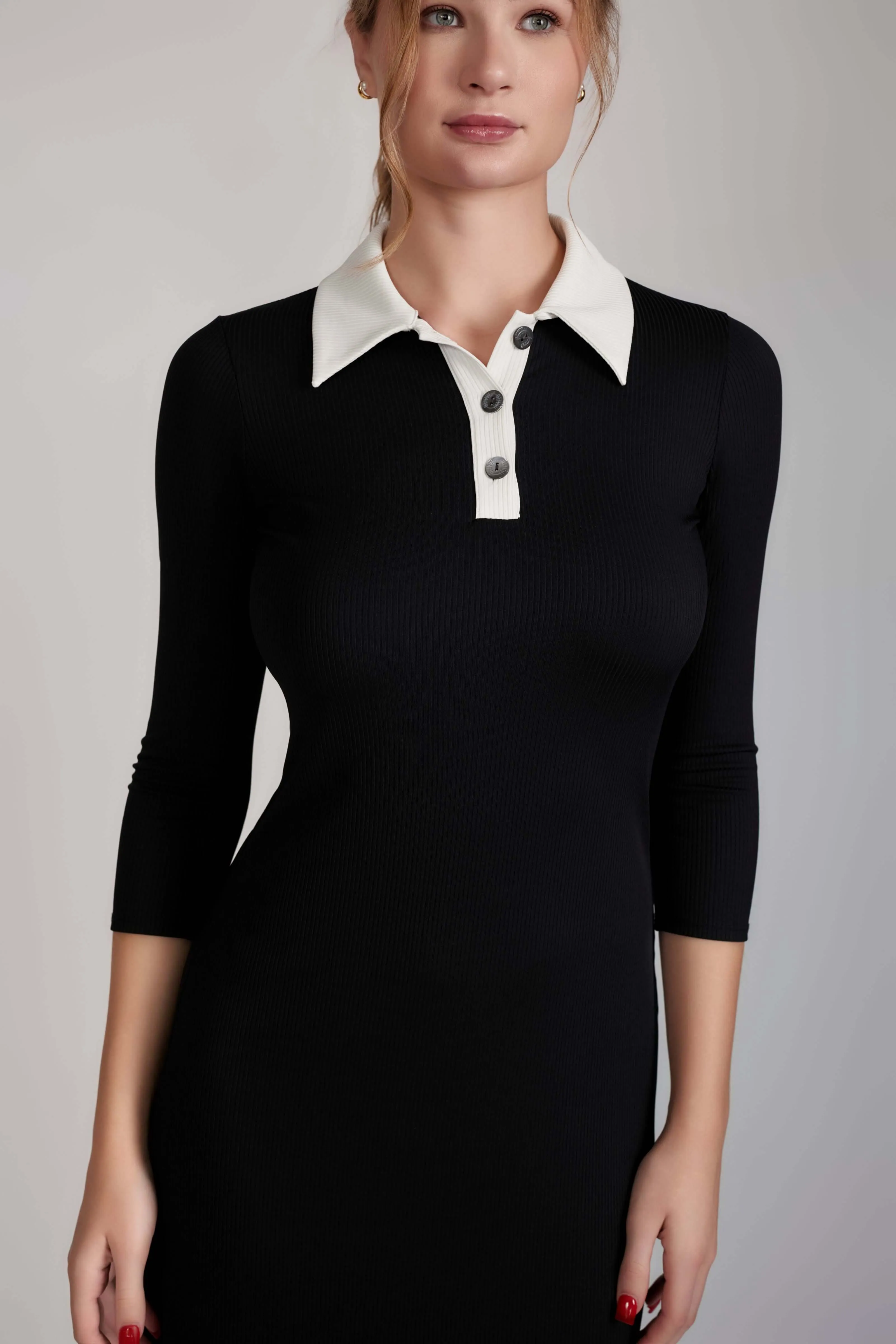 CONTRAST COLLARED RIB DRESS