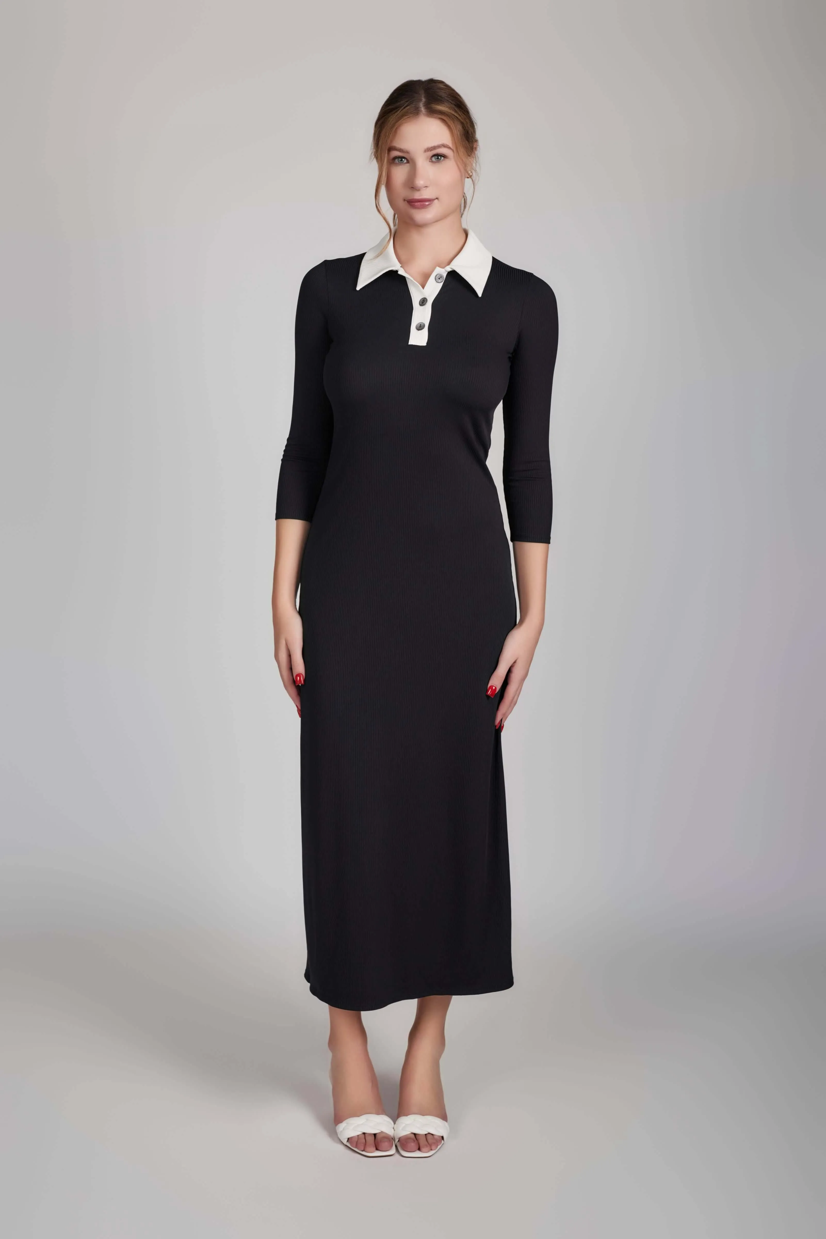 CONTRAST COLLARED RIB DRESS