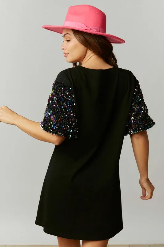 Cotton Mini Dress with Sequin Bubble Sleeve