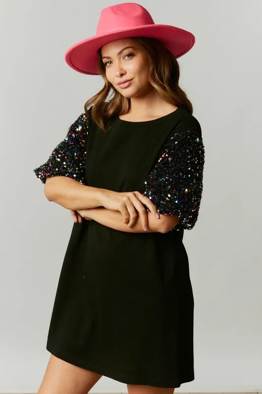 Cotton Mini Dress with Sequin Bubble Sleeve