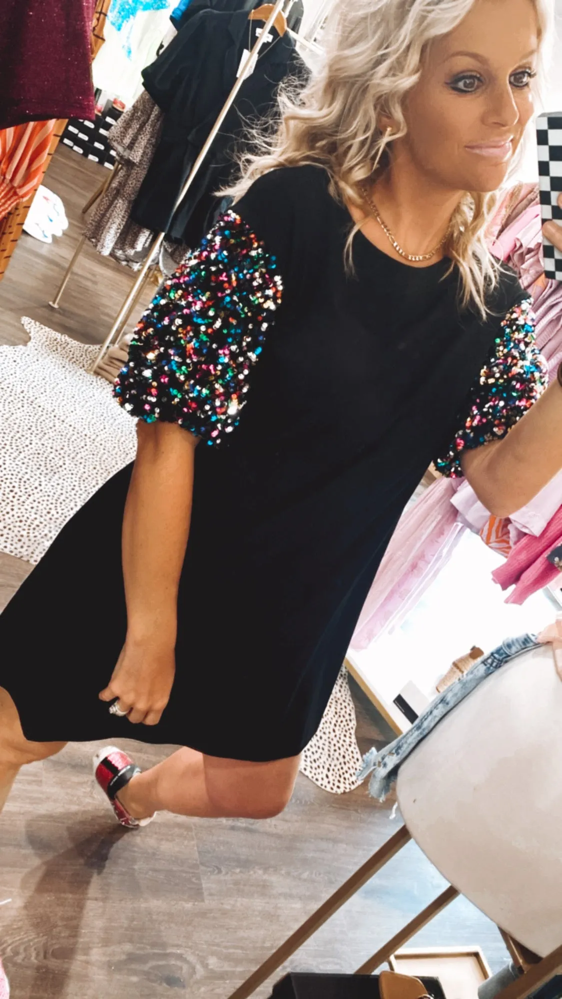 Cotton Mini Dress with Sequin Bubble Sleeve