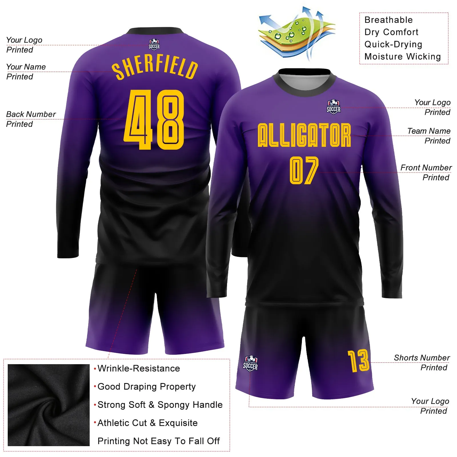 Custom Purple Gold-Black Sublimation Long Sleeve Fade Fashion Soccer Uniform Jersey