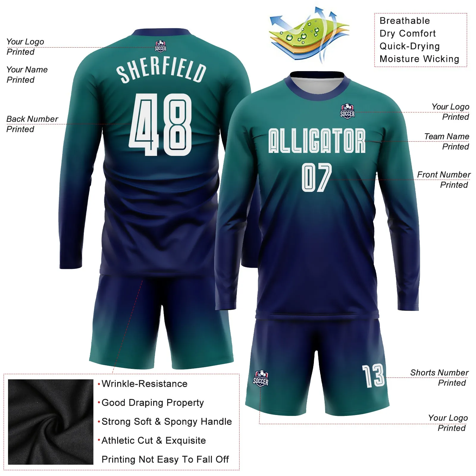 Custom Teal White-Navy Sublimation Long Sleeve Fade Fashion Soccer Uniform Jersey