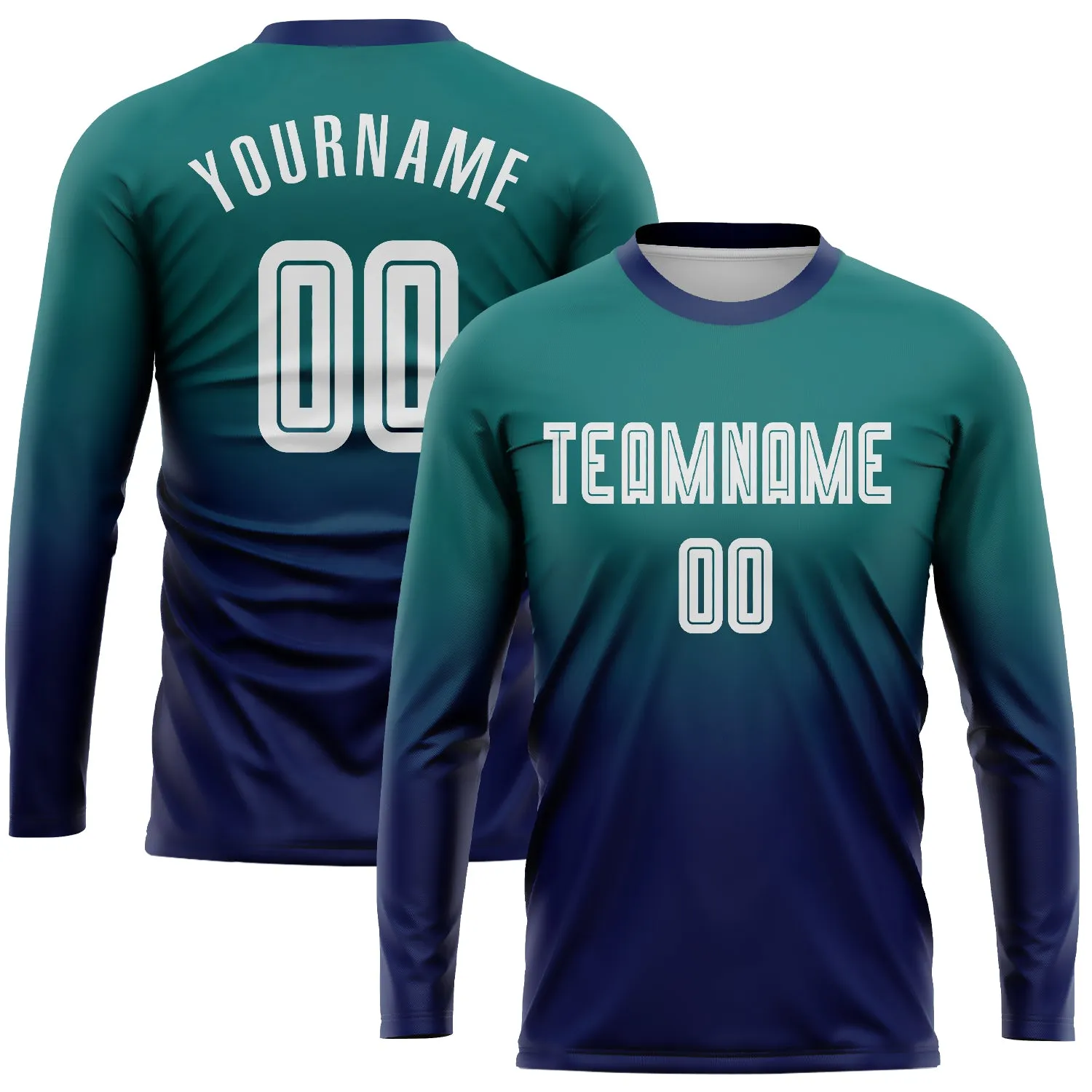 Custom Teal White-Navy Sublimation Long Sleeve Fade Fashion Soccer Uniform Jersey