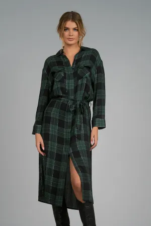 Elan Black Green Plaid Button Down Dress