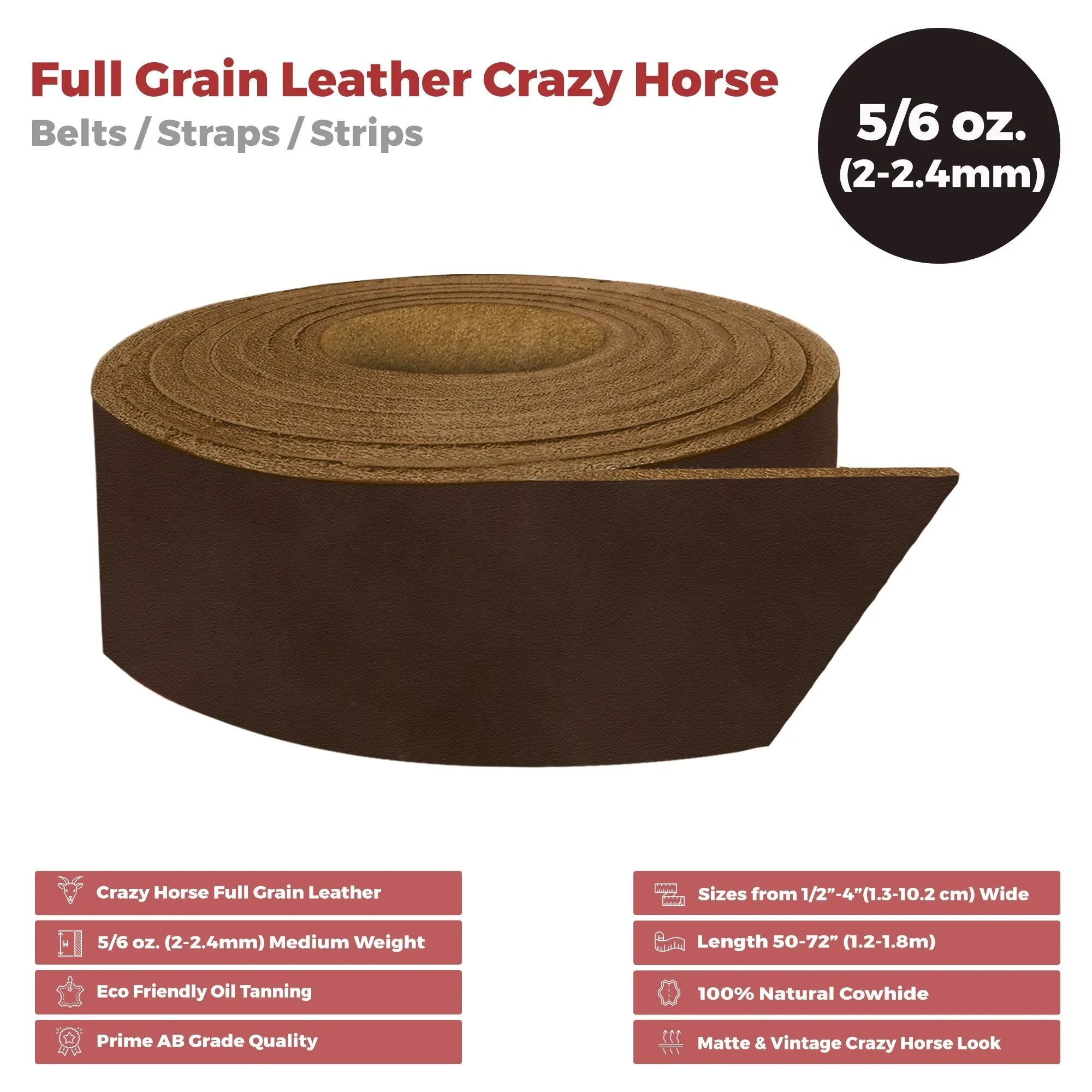 ELW 5-6 oz (2-2.4mm) Straps, Belts, Strips 40" Length - Full Grain Leather Crazy Horse Belt Medium DIY Craft, Pet Collars, Blanks, Accessory, Jewelry, Wrapping