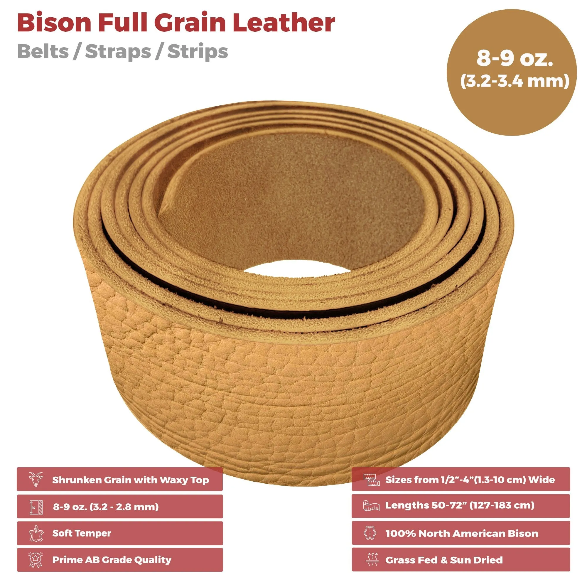 ELW Genuine American Leather Bison 8-9 oz (3.2-3.4mm) Thickness 60" Length Straps, Belts, Strips  Full Grain Hide DIY Craft Projects, Bag, Chap, Moccasins, Jewelry, Wrapping