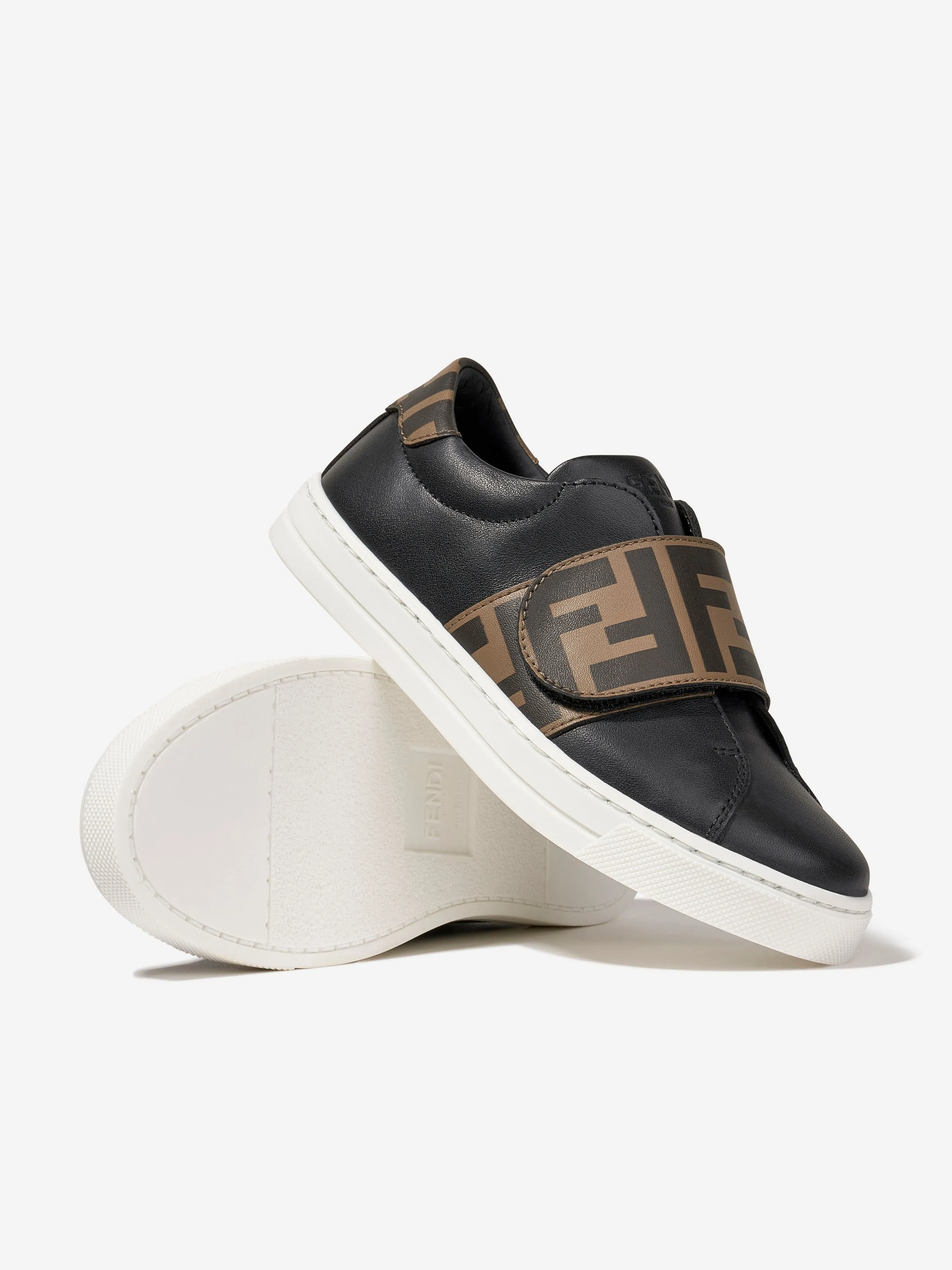 Fendi Kids Leather FF Logo Trainers in Black