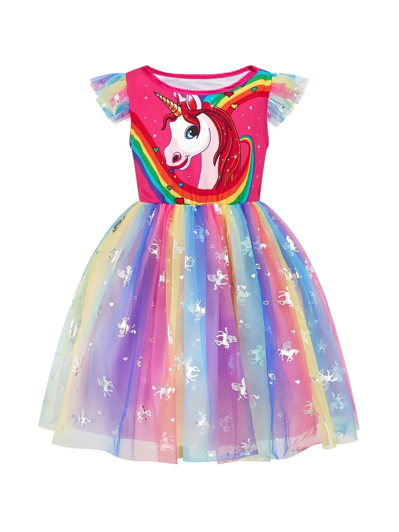 Girl's Princess Dress With Accessories Set, Unicorn Print Mesh Dress, Fairy Tale Character Cosplay Costume, Kids Clothes For Halloween Holiday Party Prom Birthday Performance