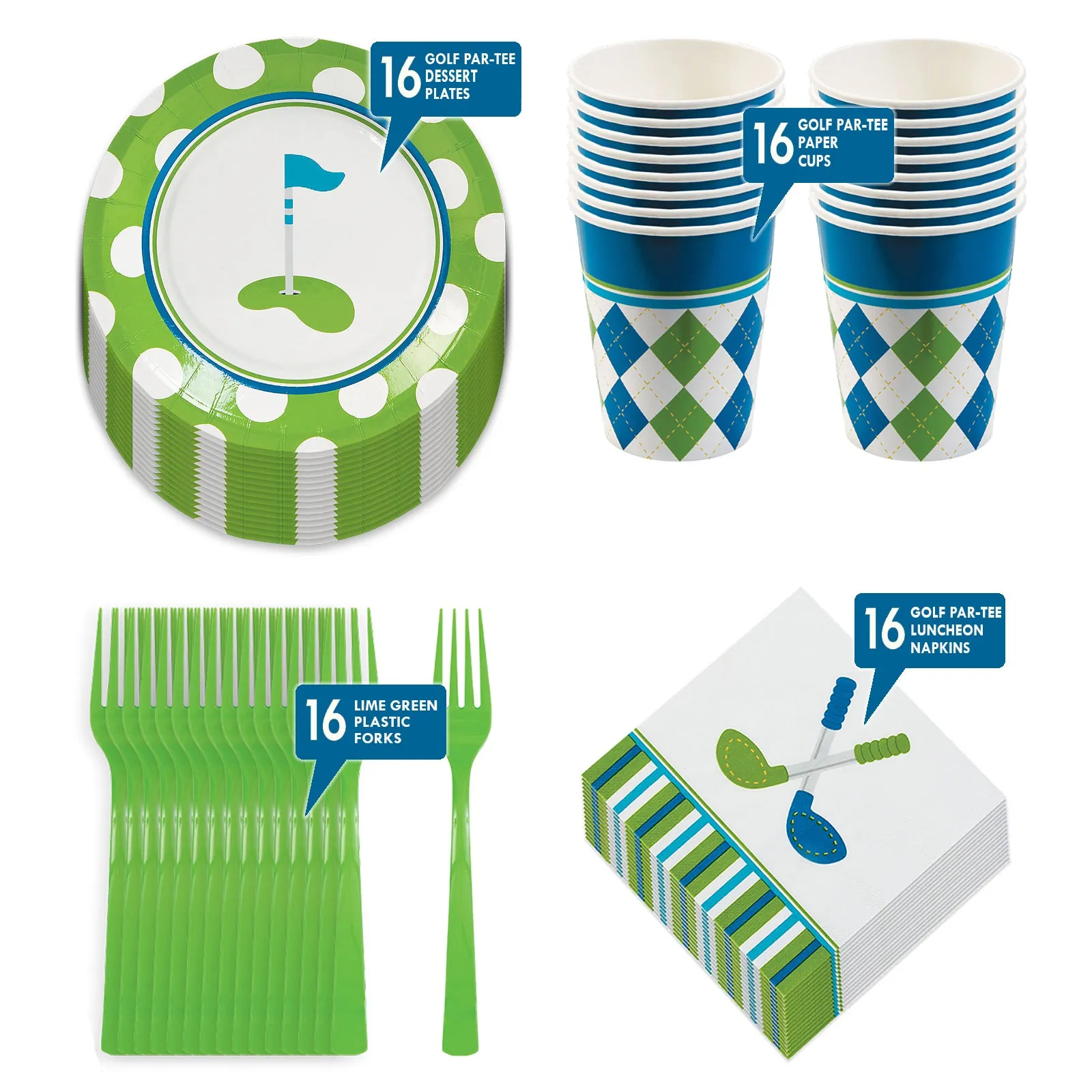 Golf Par-Tee Pack - Paper Dessert Plates, Lunch Napkins, Beverage Cups, and Forks Set (Serves 16)