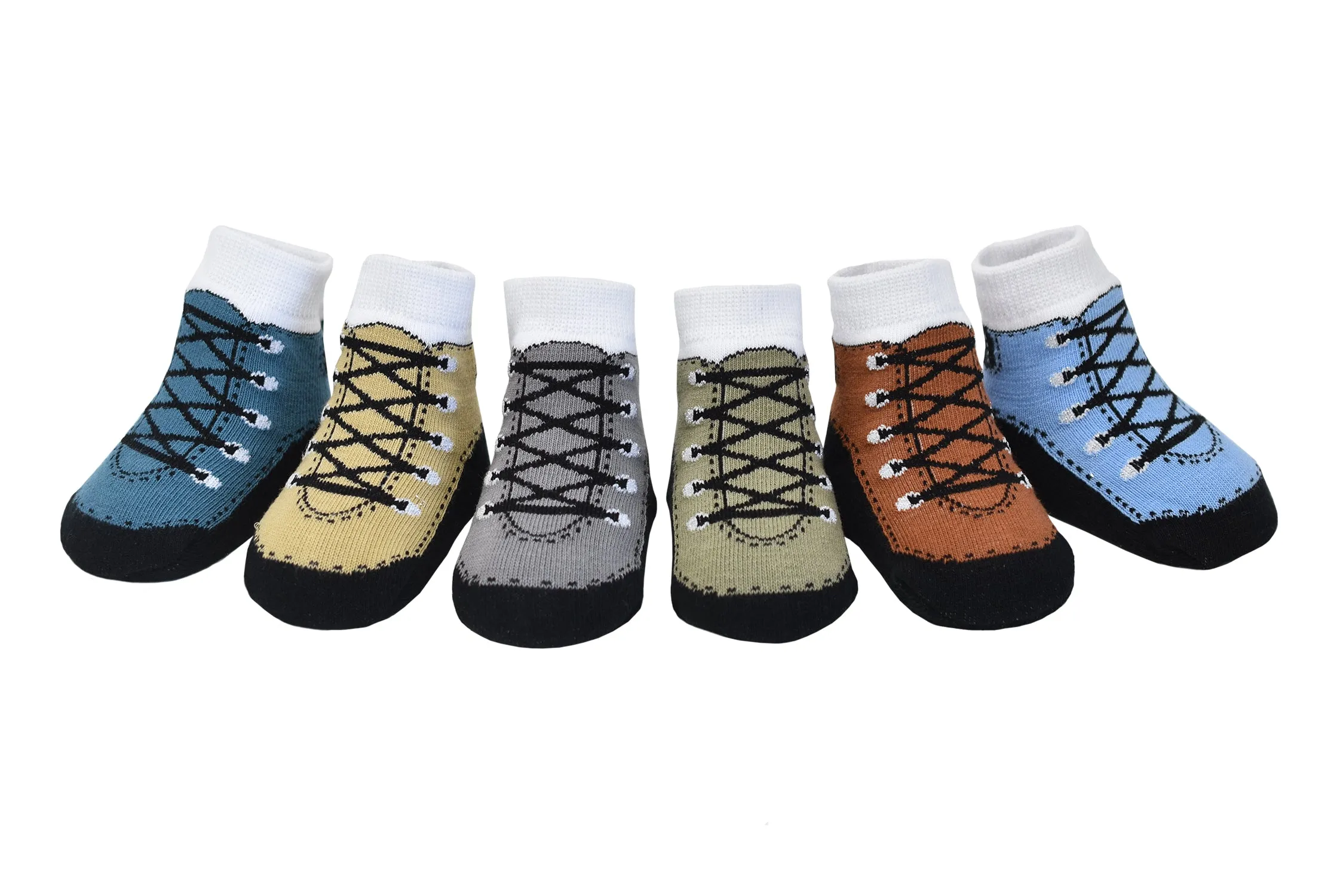 HIKER BOOTS shoe design socks. With Anti-slip soles. 6 pairs. 0-12 months