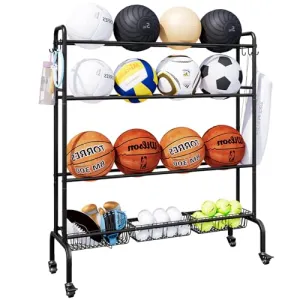 INGIORDAR Sport Equipment Garage Organization Storage Four Layer Organizer Basketball Rack With Hooks Wheels for Gym Indoor Outdoor (Black)