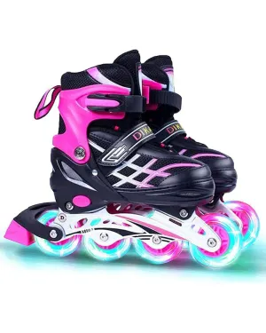 Kids Adjustable Inline Skates with Light Up Wheels Size33-37 Pink