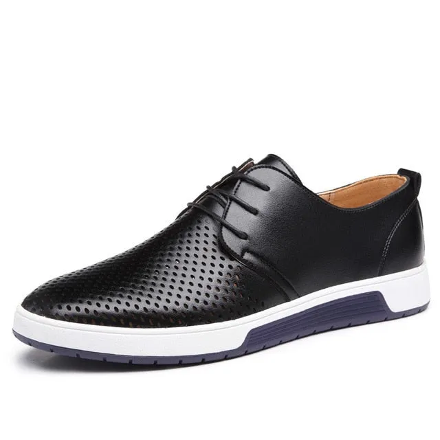 Men Casual Shoes Leather Summer Breathable Holes Luxurious Brand Flat Shoes