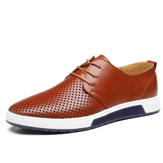 Men Casual Shoes Leather Summer Breathable Holes Luxurious Brand Flat Shoes