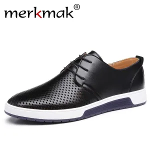 Men Casual Shoes Leather Summer Breathable Holes Luxurious Brand Flat Shoes