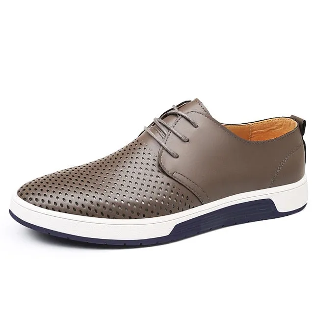 Men Casual Shoes Leather Summer Breathable Holes Luxurious Brand Flat Shoes