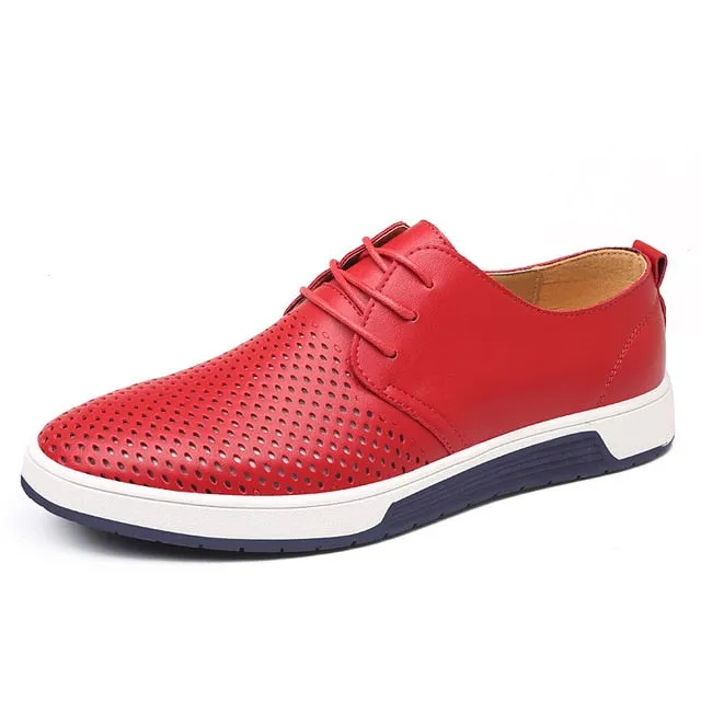 Men Casual Shoes Leather Summer Breathable Holes Luxurious Brand Flat Shoes