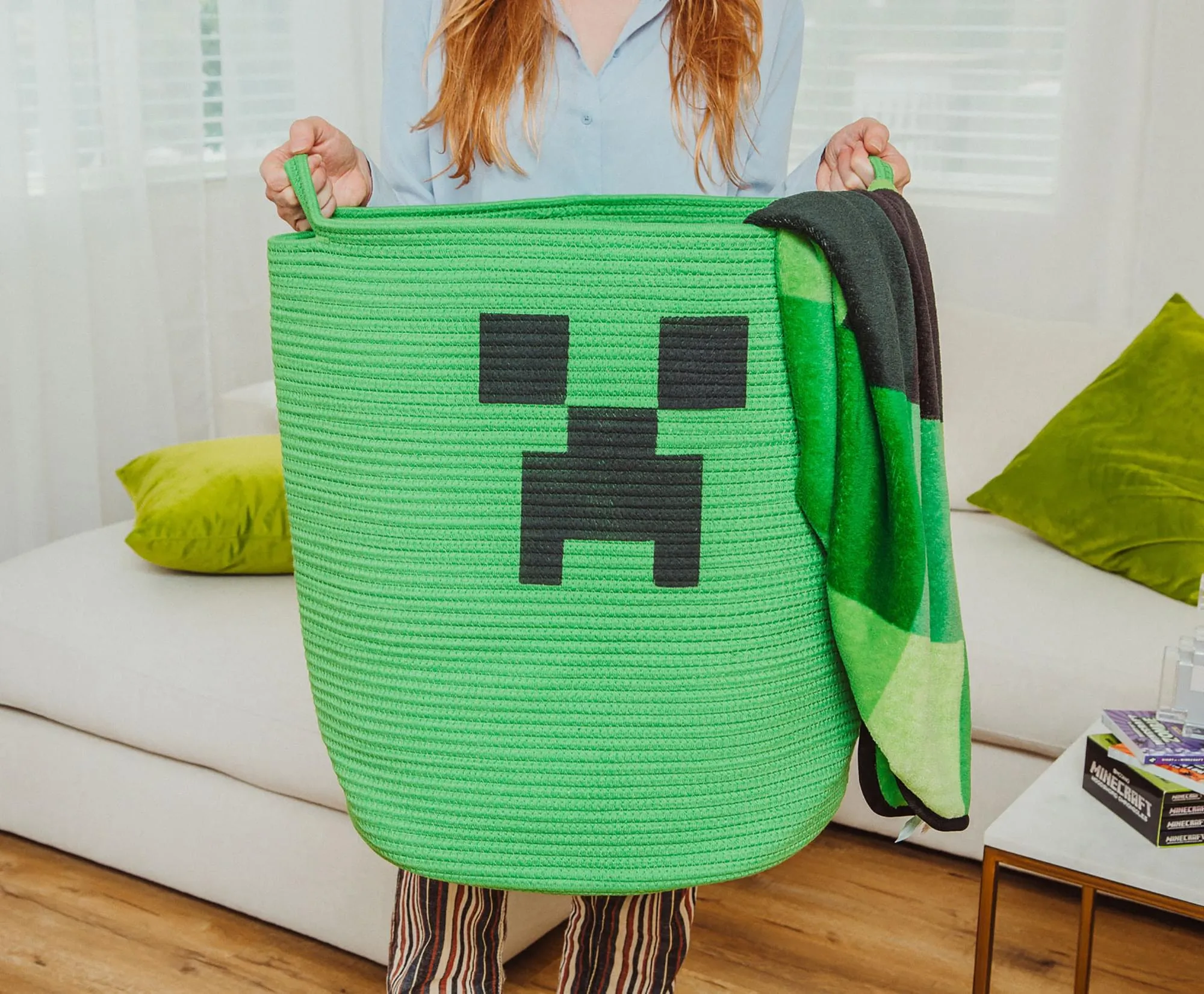 Minecraft Green Creeper Woven Cotton Rope Hamper Storage Basket