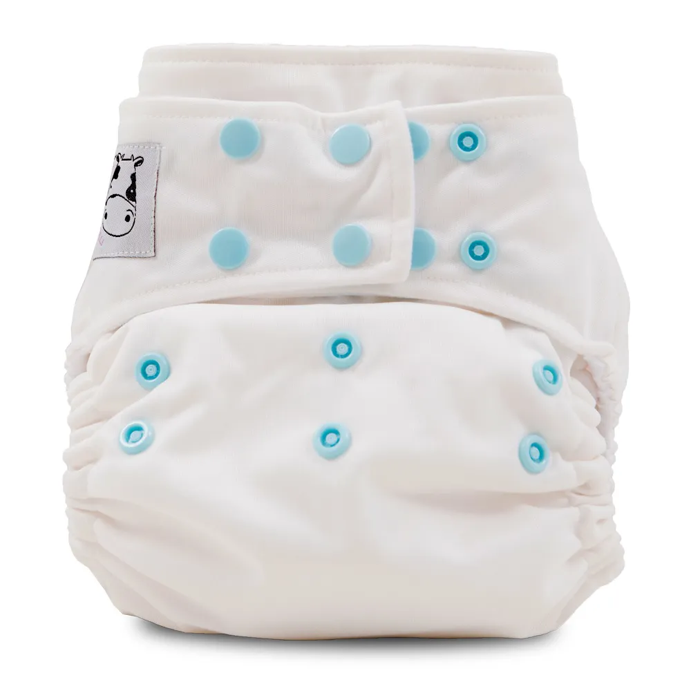 Moo Moo Kow One Size Pocket Diapers Snap - White Blue Snap