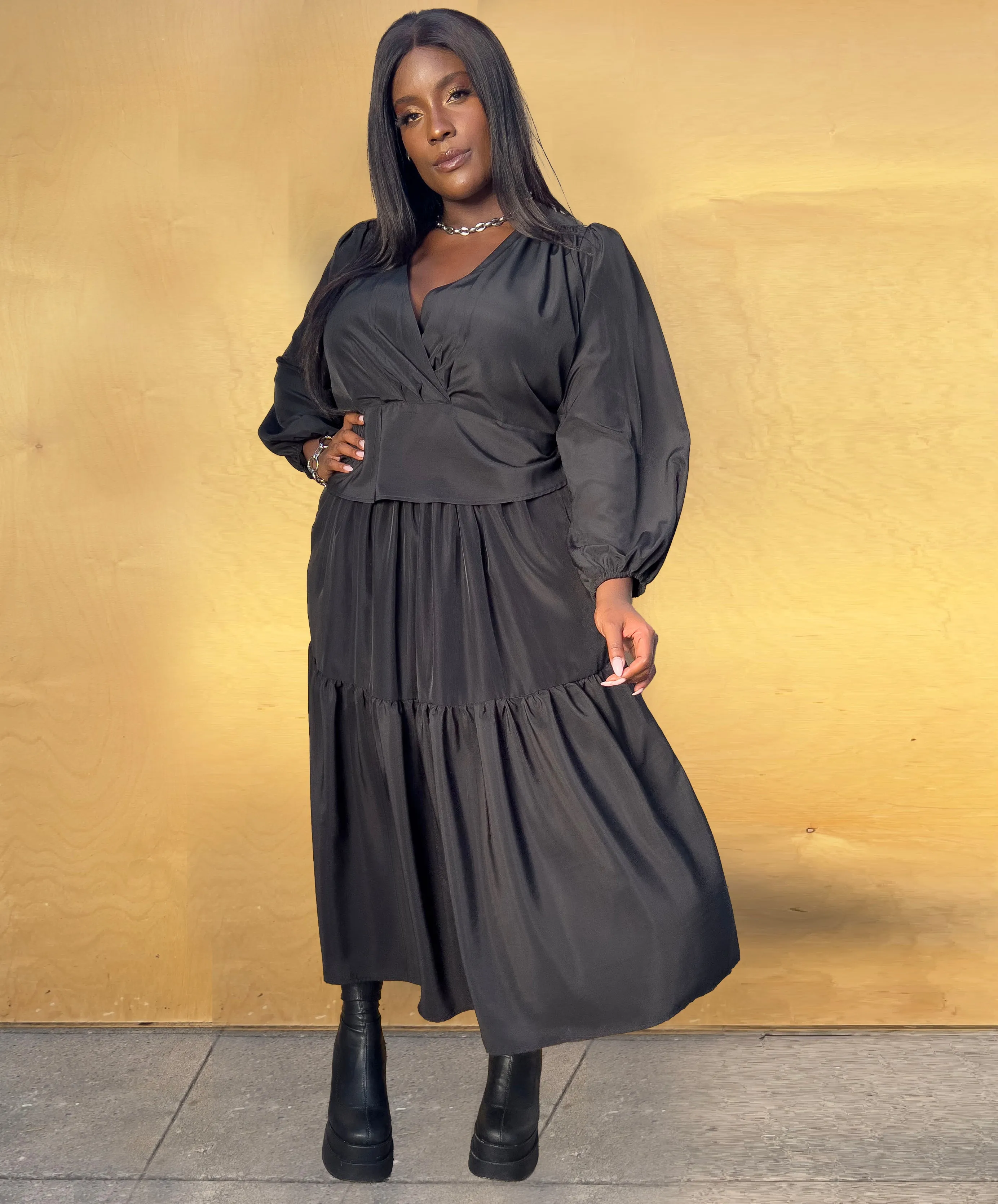 Nelina Tiered Skirt- Black Matte Satin