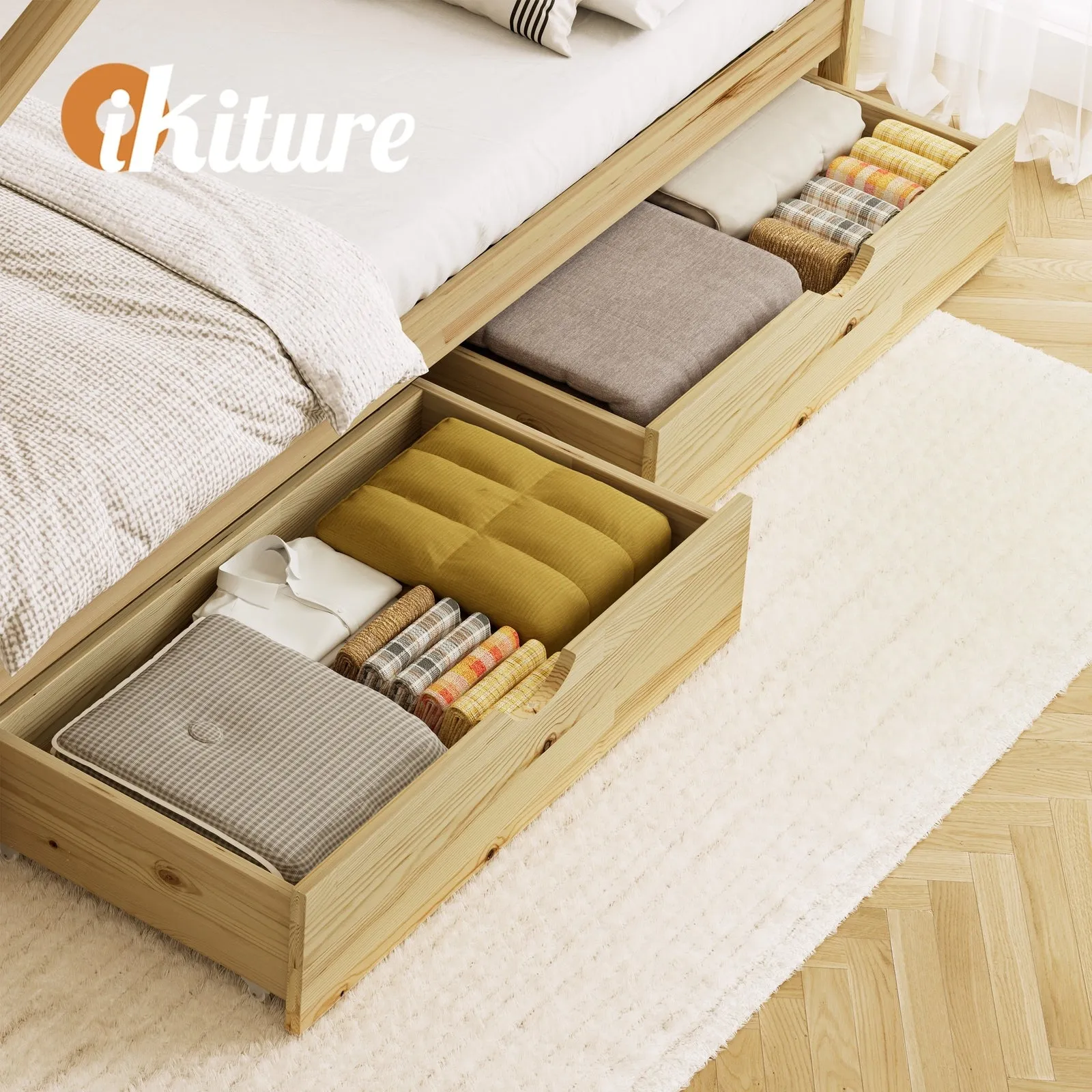 Oikiture 2x Trundle Drawers for Bed Frame Base Storage with Wheels Wooden