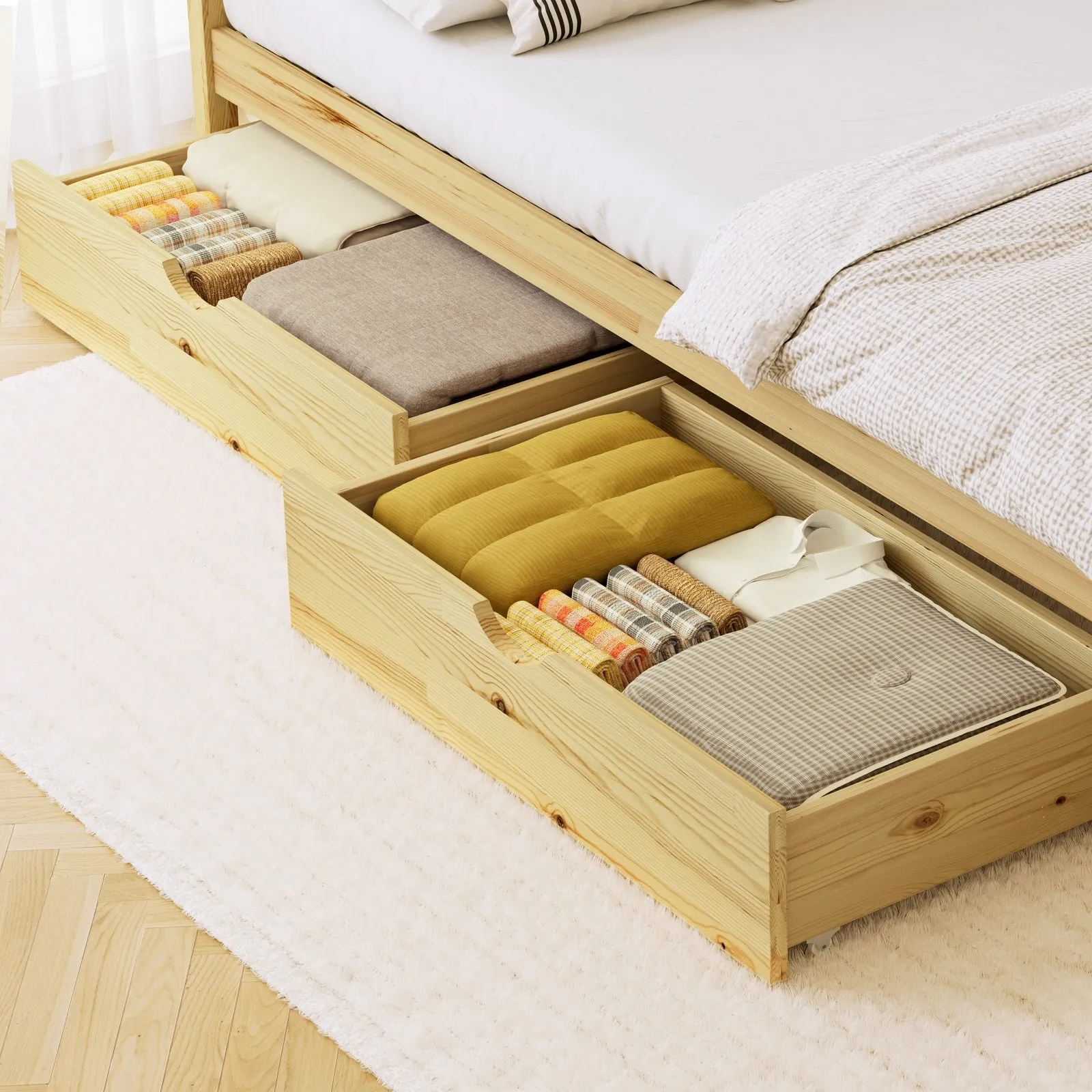 Oikiture 2x Trundle Drawers for Bed Frame Base Storage with Wheels Wooden