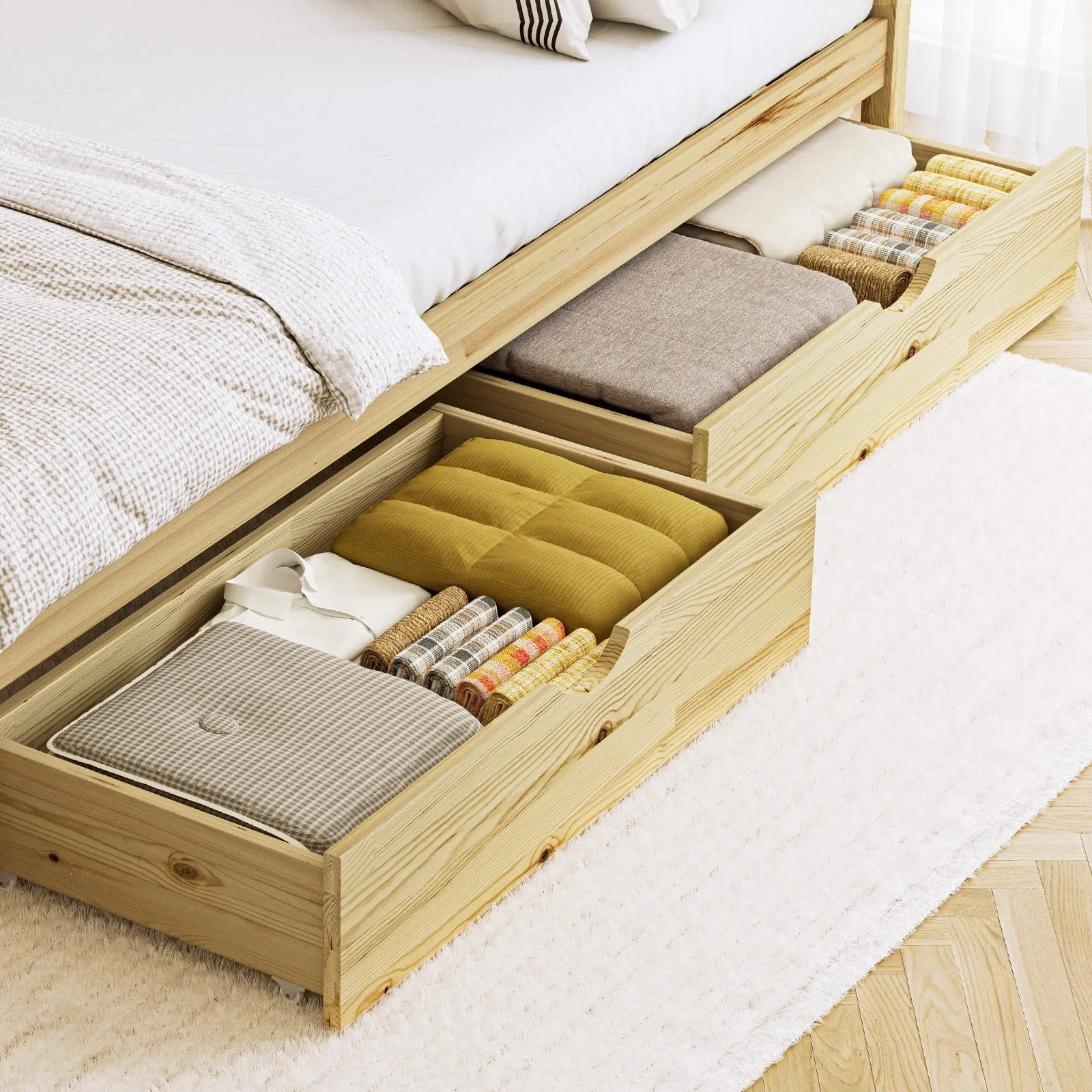 Oikiture 2x Trundle Drawers for Bed Frame Base Storage with Wheels Wooden